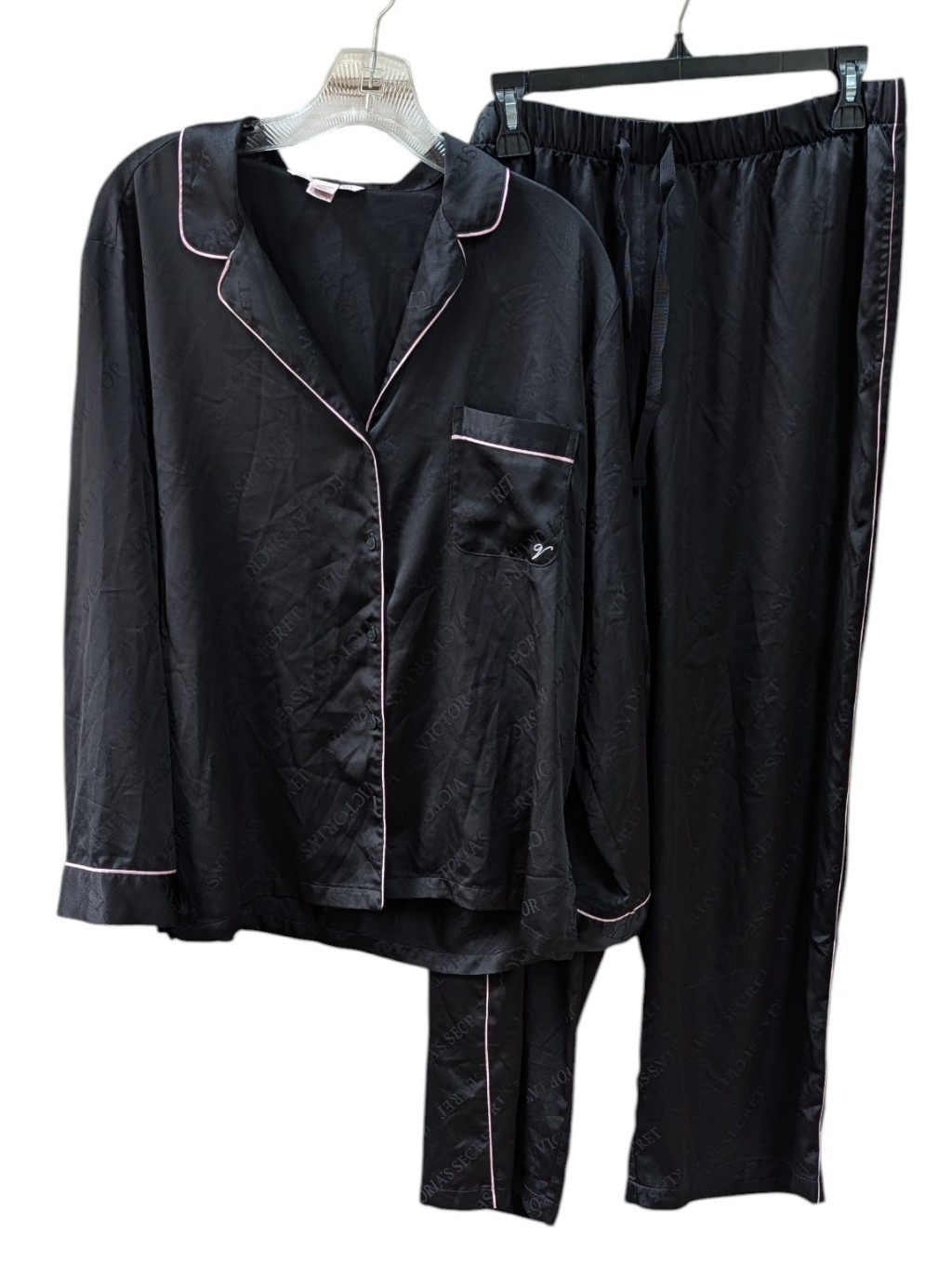 Victorias Secret Signature Satin Shine Black Long Pajamas Lg